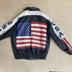 Vintage USA American Flag Leather Jacket Red White & Blue